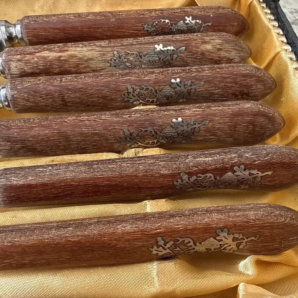 Jordan Marsh Co Germany Stainless Set of 6 VTG Steak Knives Teak Handle